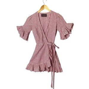 Reformation XS Kelsey Dress Red & White Linen Stripes Ruffles Mini Wrap Dress